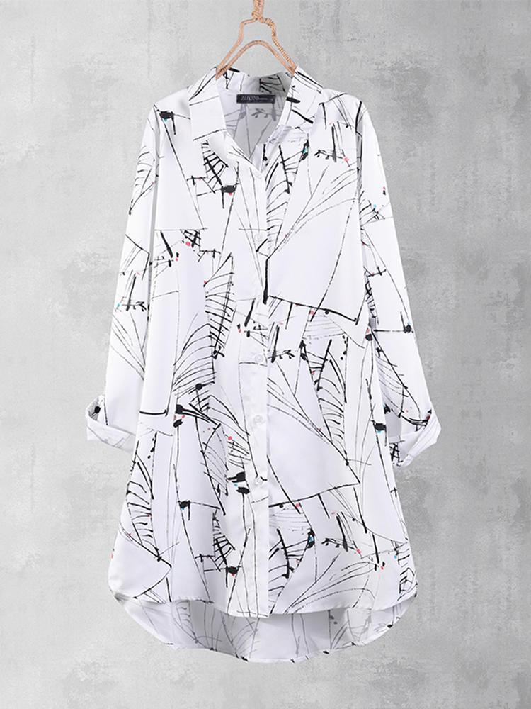all in one place בגדי נשים Women Floral Print Turn-Down Collar Irregular Hem Button Blouse