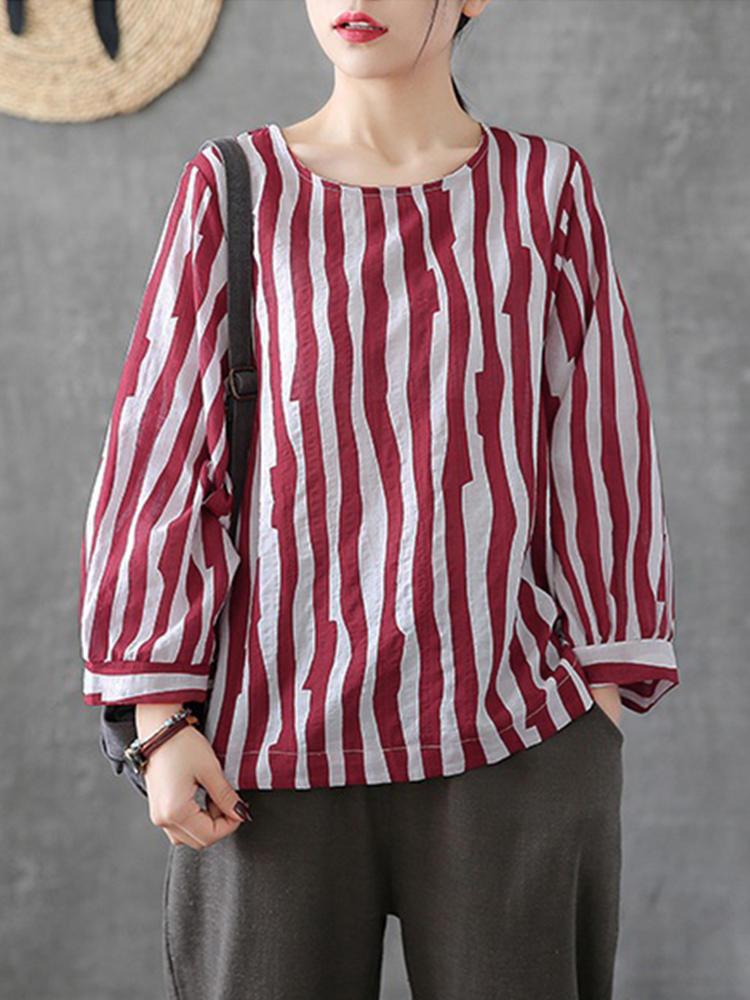 all in one place בגדי נשים Women Print Crew Neck Loose Crew Neck Long Sleeve Blouse