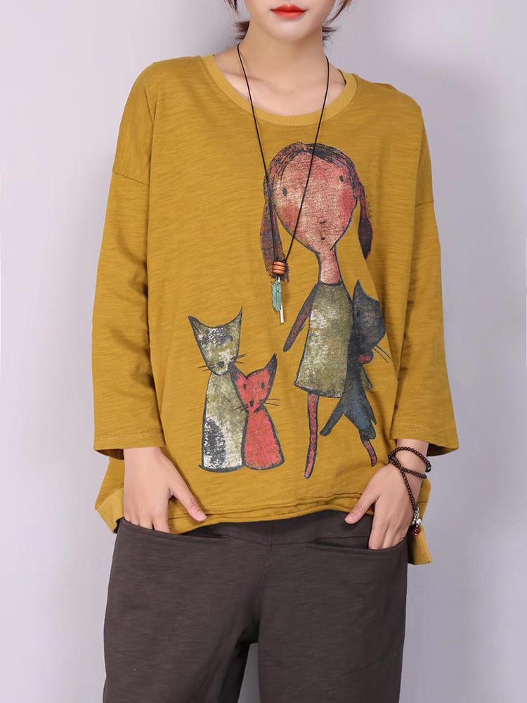 all in one place בגדי נשים M-5XL Cartoon Cat Print Long Sleeve Loose Casual T-shirts for Women