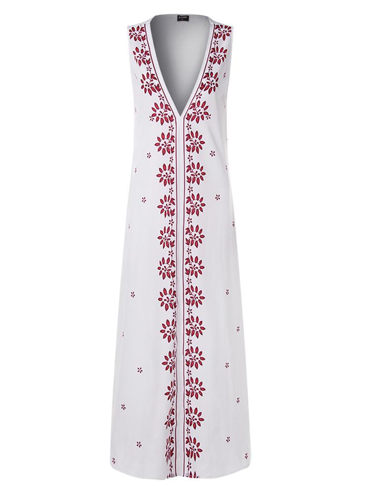 all in one place בגדי נשים Women Casual V Neck Sleeveless Floral Print Long Maxi Dress