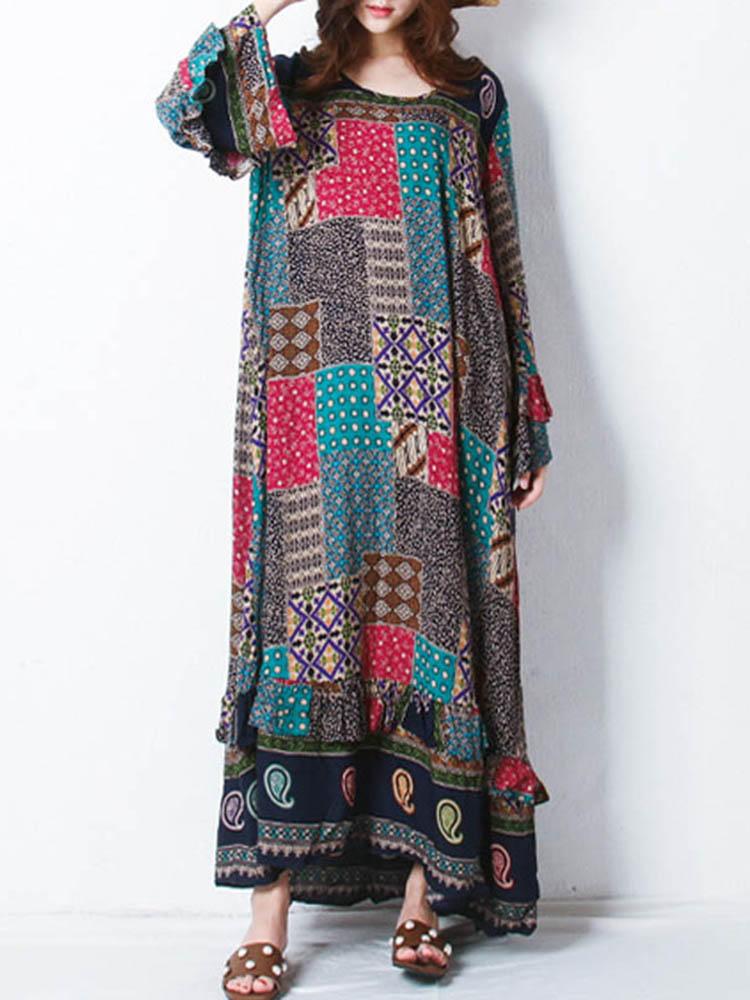 all in one place בגדי נשים Retro Women Random Printed Patchwork Bohemian Maxi Dress