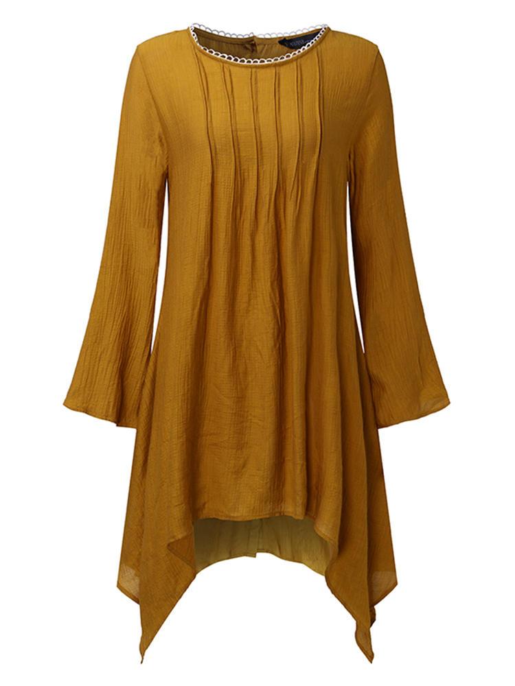 all in one place בגדי נשים Loose Women Long Sleeve Pure Color Asymmetrical Hem Blouse