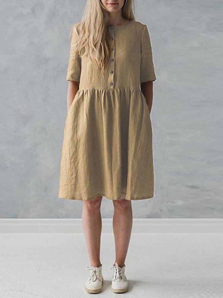 all in one place בגדי נשים S-5XL Vintage O-Neck Short Sleeve Button Pockets Cotton Linen Mini Dress