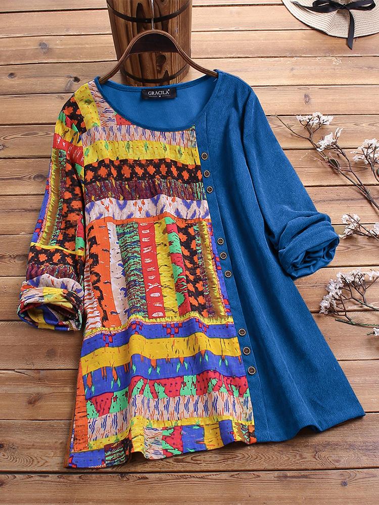 all in one place בגדי נשים Corduroy Vintage Print Patchwork Long Sleeve Blouse