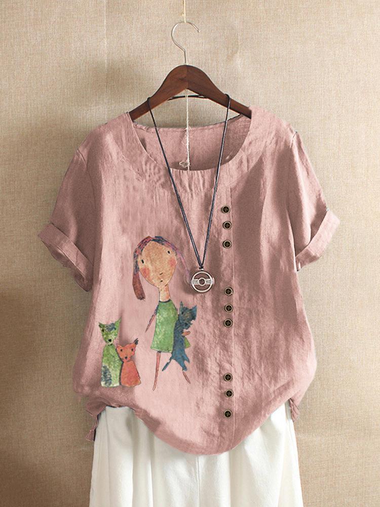 all in one place בגדי נשים Cartoon Girl Print Casual Short Sleeve T-shirts