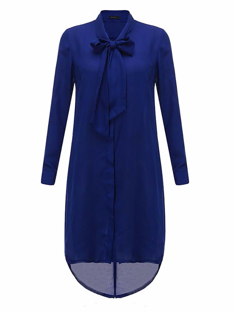 all in one place בגדי נשים Women Casual Loose Bowknot Long Sleeve Solid Color Shirt Dress
