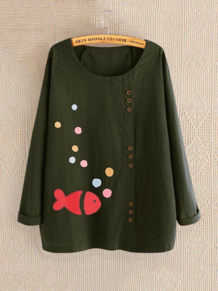all in one place בגדי נשים Print Cartoon Fish Long Sleeve Button Autumn T-Shirts