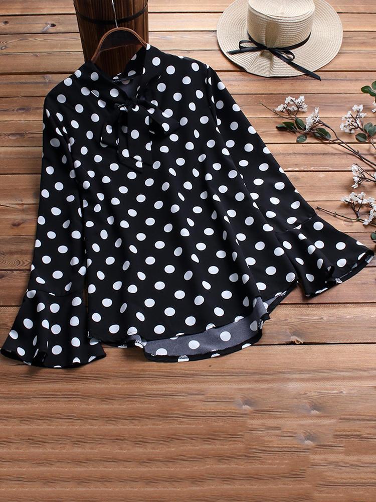all in one place בגדי נשים Chic Polka Dot Long Sleeve Lace-Up Casual Blouse For Women
