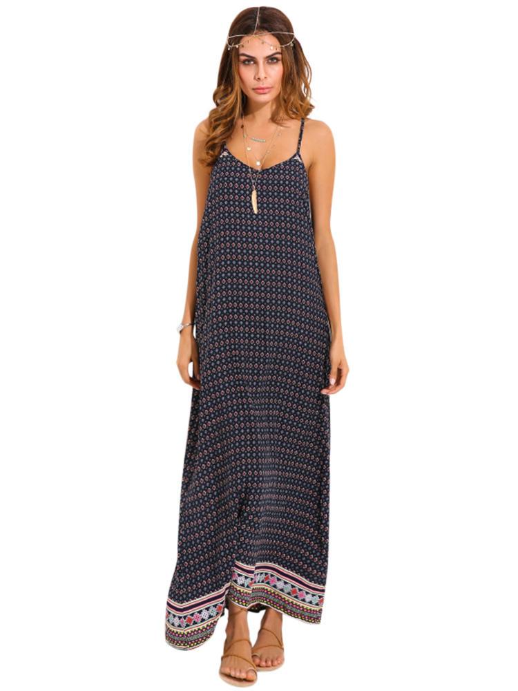 all in one place בגדי נשים Sexy Women Spaghetti Strap Backless Summer Printed Maxi Dresses