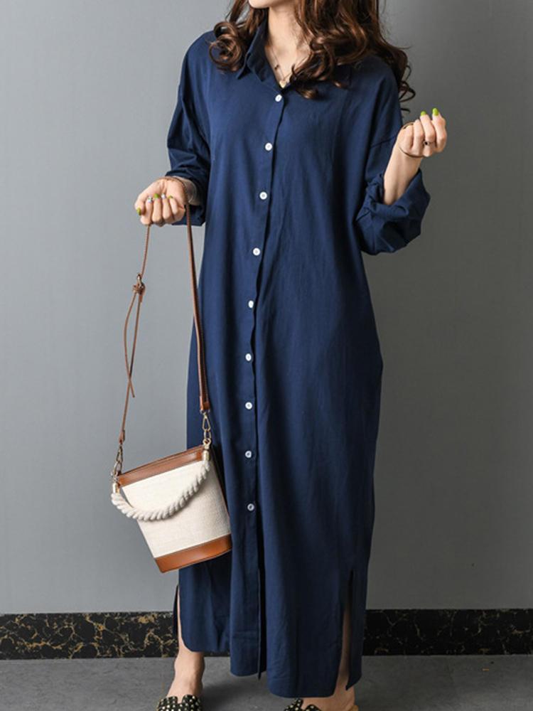 all in one place בגדי נשים Casual Solid Color Long Sleeve Button Dress