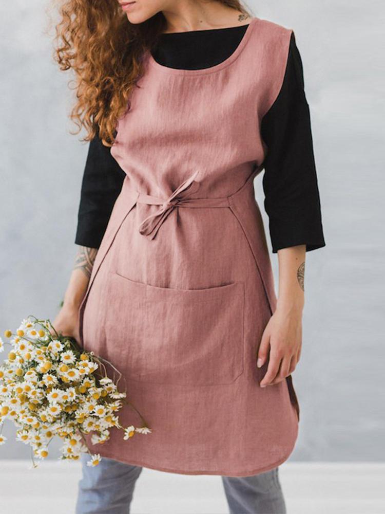 all in one place בגדי נשים Women Sleeveless Pocket Cotton Solid Color Vintage Apron Dress