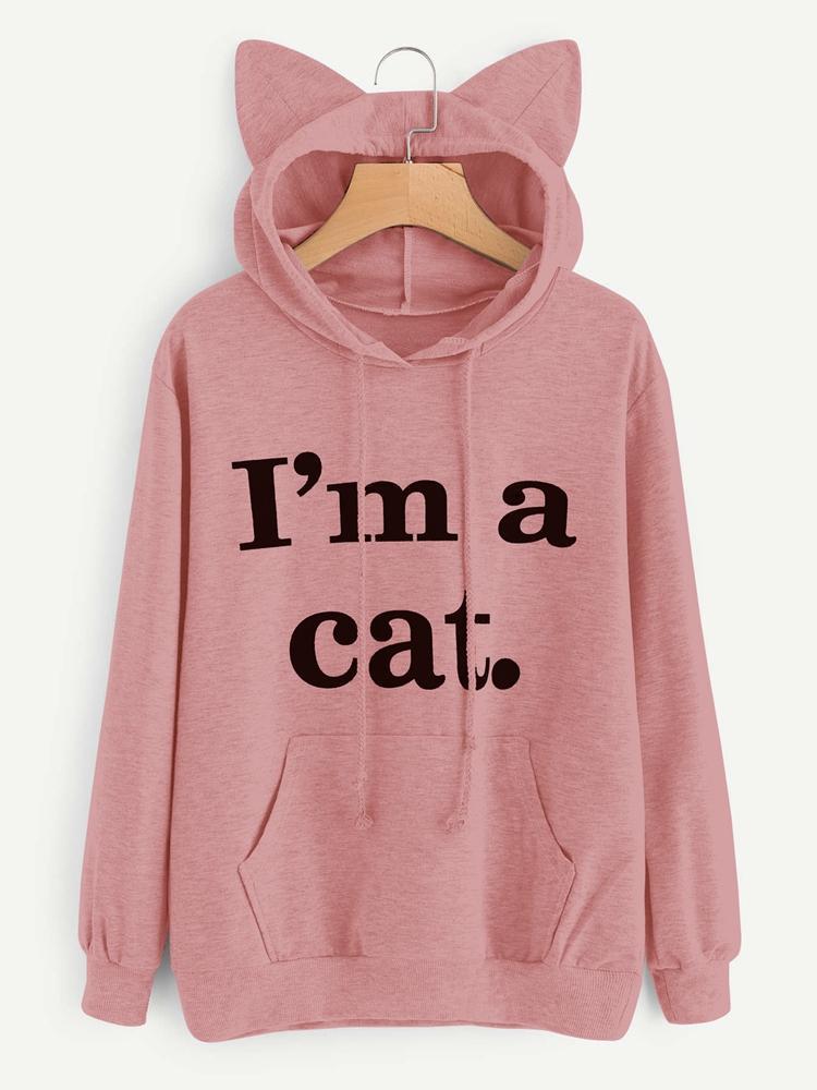 all in one place בגדי נשים Casual Loose Letter Print Solid Color Cat Ears Hooded Hoodies