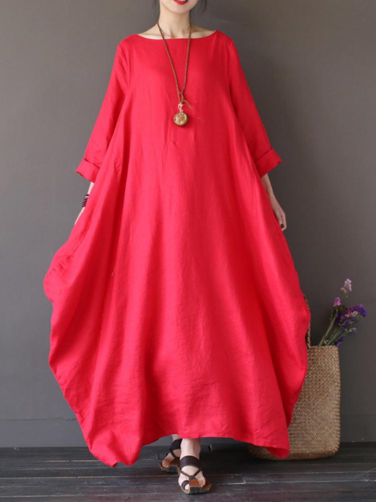all in one place בגדי נשים L-5XL Casual Women Loose Pure Color Baggy 3/4 Sleeve Maxi Dress