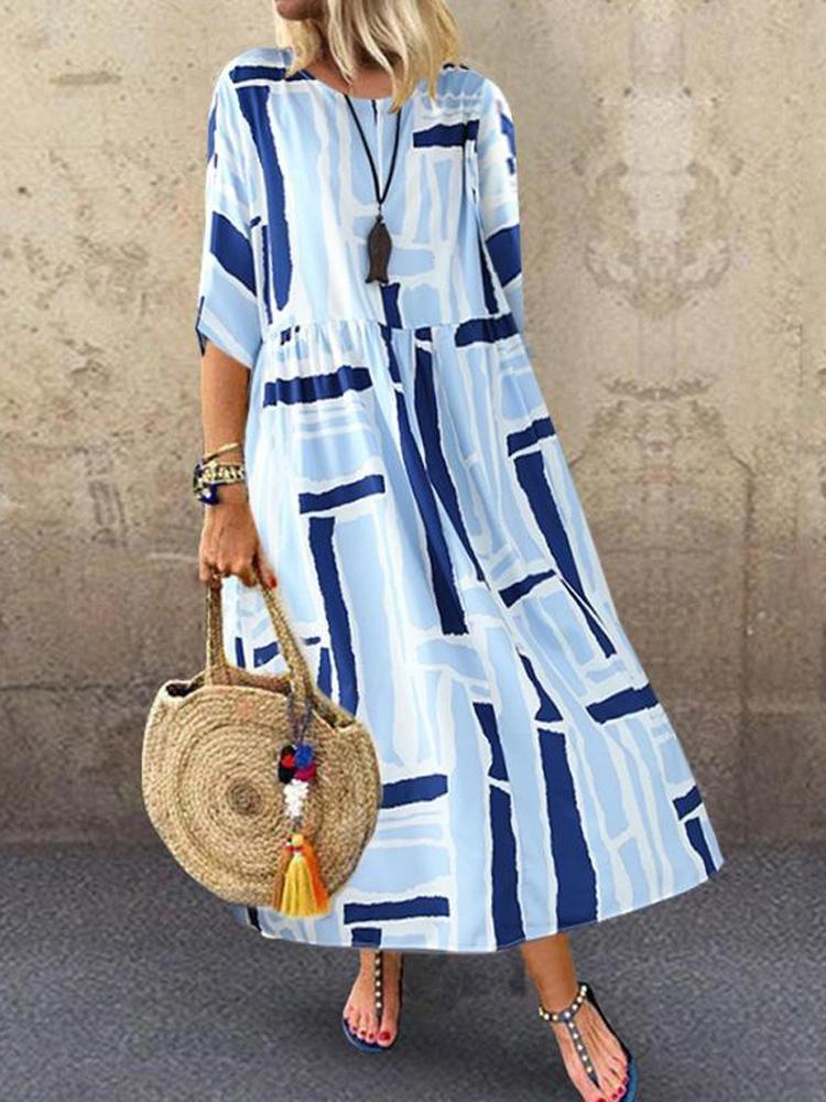 all in one place בגדי נשים Women Short Sleeve Floral Print O-neck 3/4 Sleeve Dress