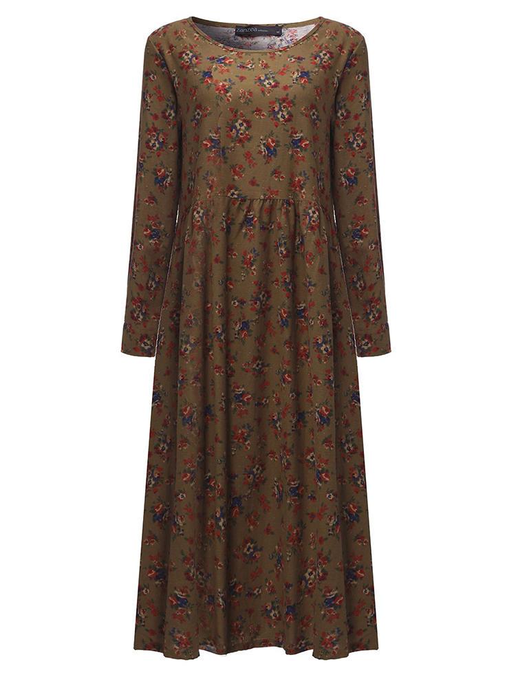 all in one place בגדי נשים Women Floral Printed Pleated Long Sleeve Maxi Dresses