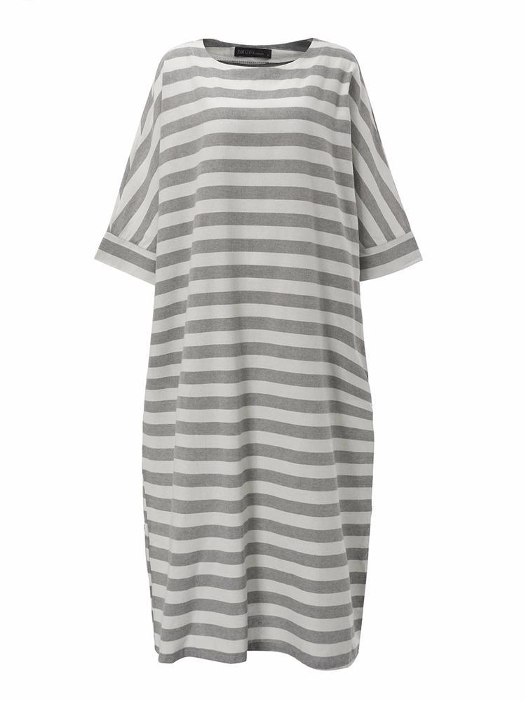 all in one place בגדי נשים Casual Women 3/4 Sleeve Striped O-Neck Baggy Cotton Maxi Dress