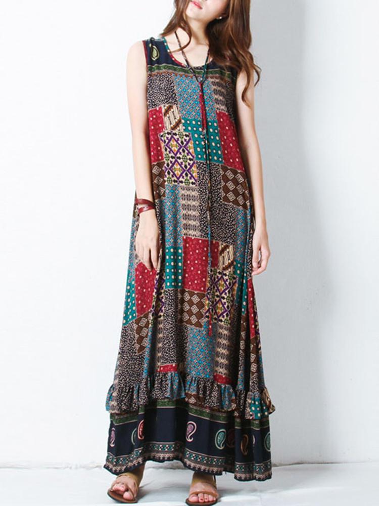 all in one place בגדי נשים Bohemian Women Sleeveless O-Neck Printed Maxi Tank Dress