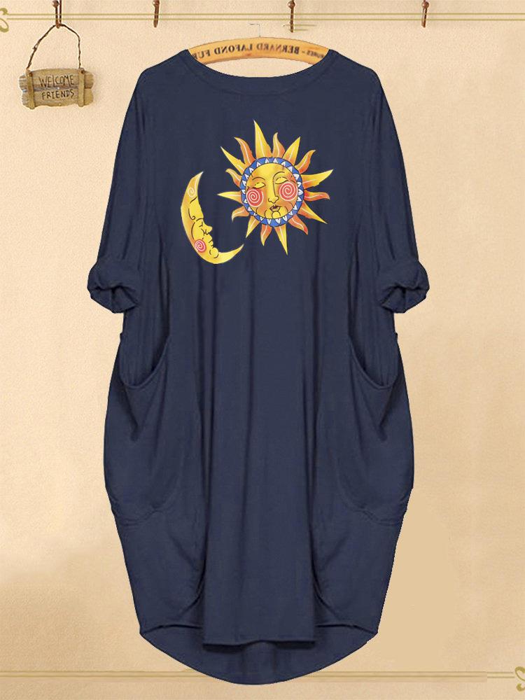 all in one place בגדי נשים Sun Moon Cartoon Print Casual Women Dress with Pockets