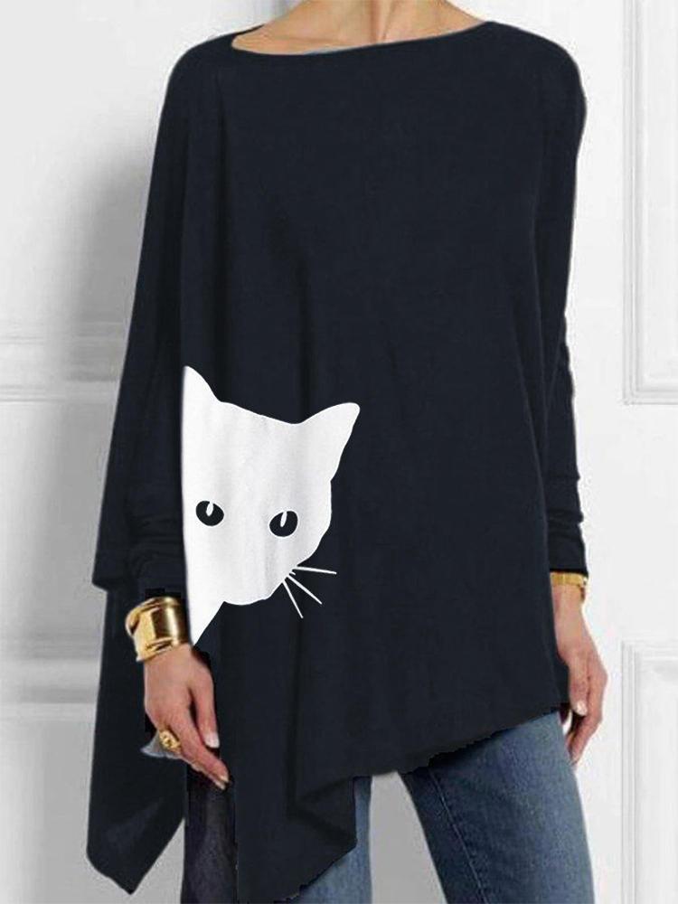 all in one place בגדי נשים Irregular Cartoon Cat Print Long Sleeve Splited Blouse