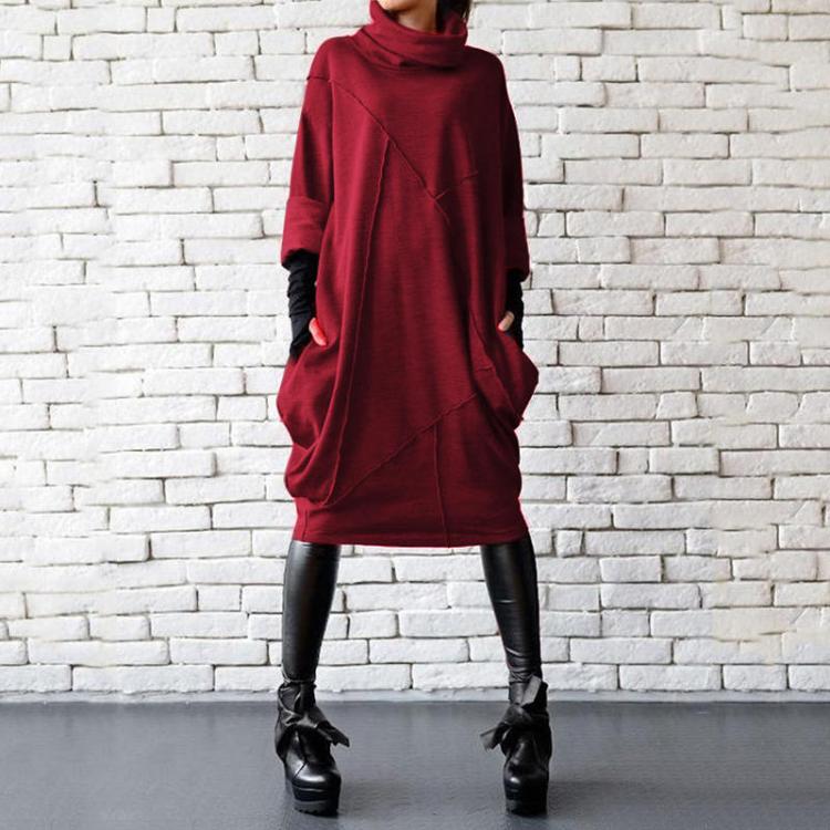 all in one place בגדי נשים Women Solid color Turtleneck Neck Patchwork Casual Dress with Pockets
