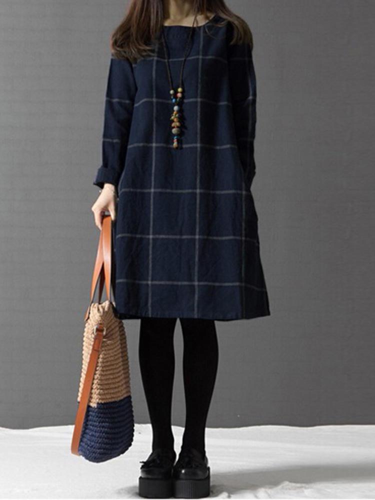 all in one place בגדי נשים Casual Women Plaid Pocket Cotton Linen Dress