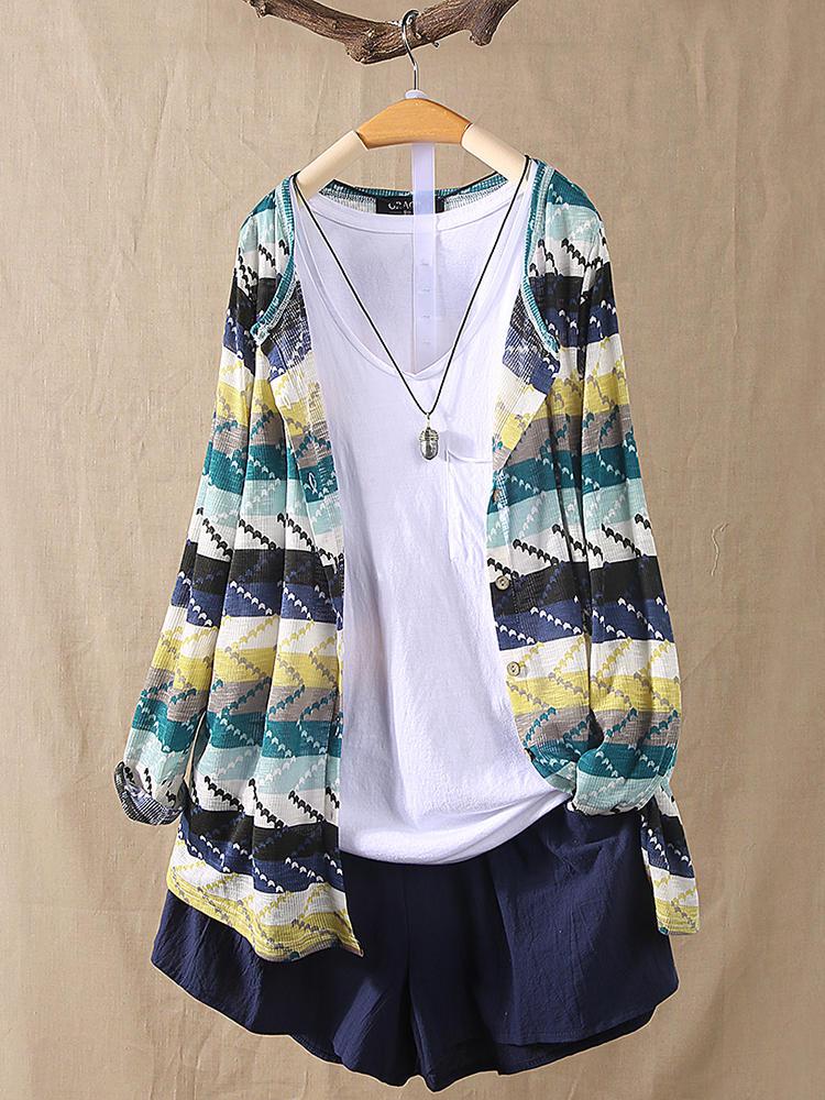 all in one place בגדי נשים Women Color Patchwork Striped Knitting Long Sleeve Cardigans