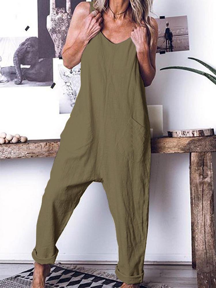 all in one place בגדי נשים Solid Color Spaghetti Straps Cotton Jumpsuit with Pockets