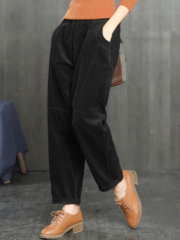 all in one place בגדי נשים Corduroy Solid Color Pockets Loose Plus Size Pants