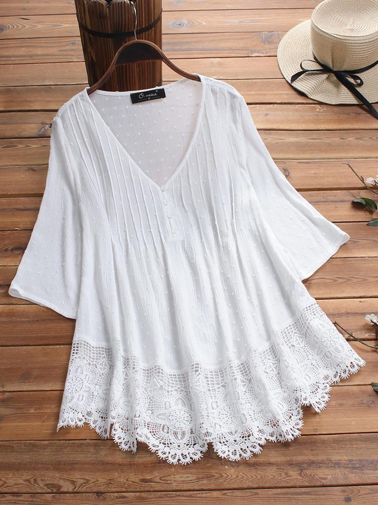 all in one place בגדי נשים Jacquard Pleated Lace Hollow Out V-neck Plus Size Blouse