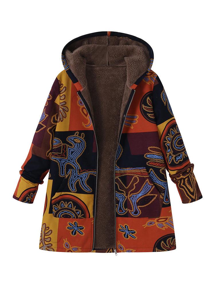 all in one place בגדי נשים Ethnic Floral Printed Hooded Pockets Jackets Coats for Women