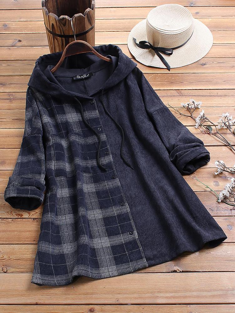 all in one place בגדי נשים Plus Size Women Corduroy Patch Plaid Print Long Sleeve Vintage Hooded Sweatshirt