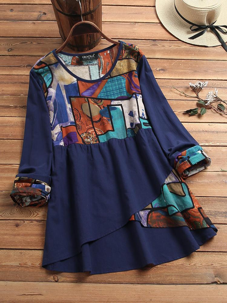 all in one place בגדי נשים Ethnic Print Patchwork Irregular Long Sleeve Vintage Blouse