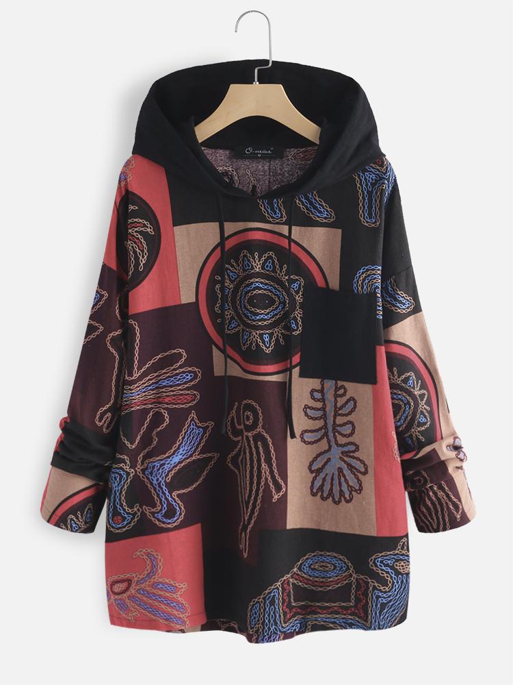 all in one place בגדי נשים Vintage Printed Hooded Long Sleeve Plus Size Blouse