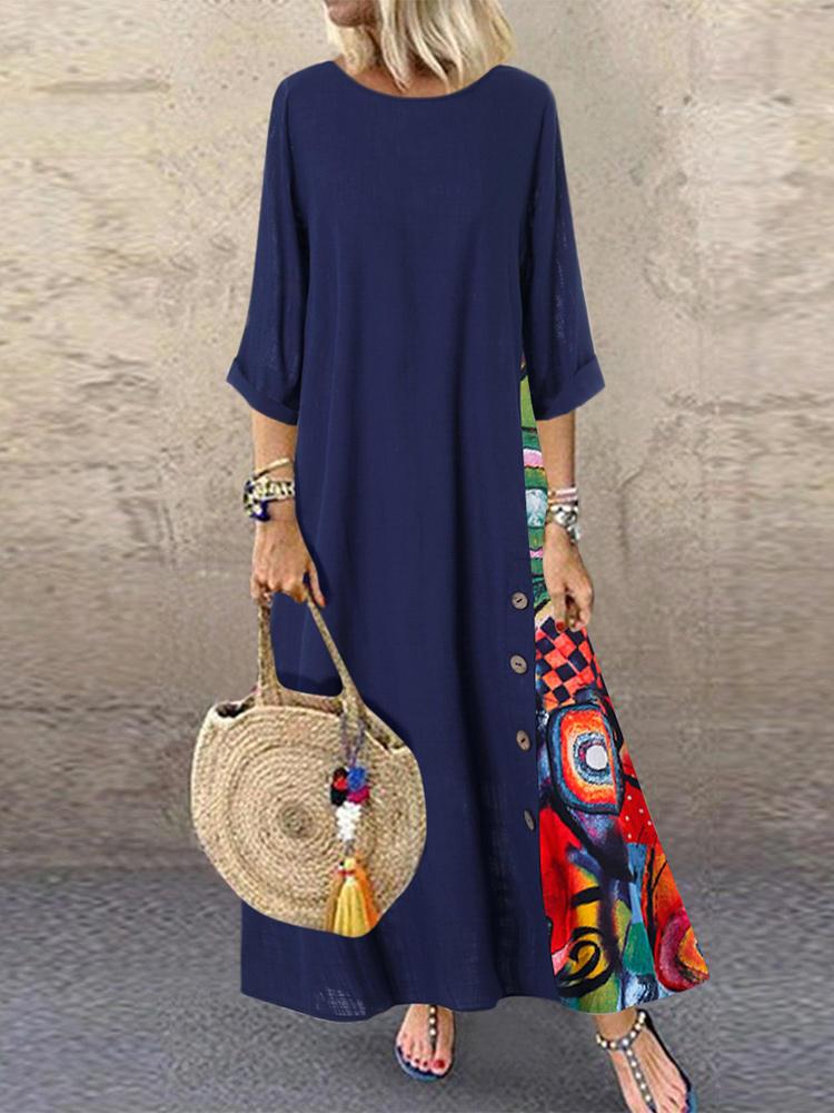 all in one place בגדי נשים Print Splice Contrast Color Long Sleeve Vintage Dress