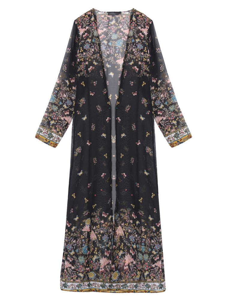 all in one place בגדי נשים Retro Women Clothing Long Kimono Butterfly Print Cardigans