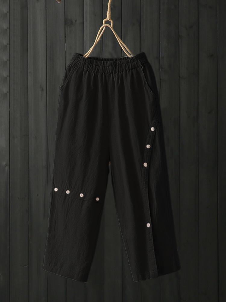 all in one place בגדי נשים Solid Color Button Elastic Waist Plus Size Pants