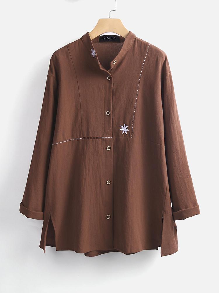all in one place בגדי נשים Women Flower Embroidered Splited Long Sleeve Vintage Blouse