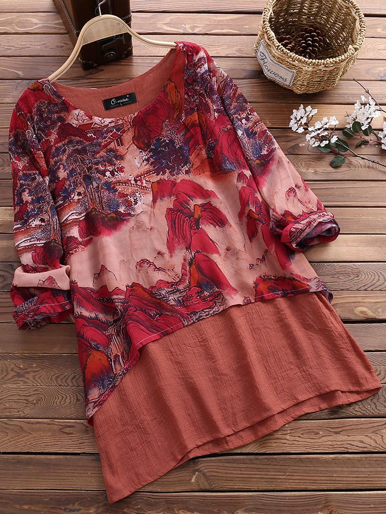 all in one place בגדי נשים Vintage Chiffon Print Patchwork Plus Size Blouse for Women