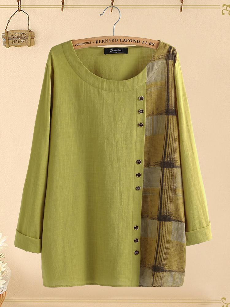 all in one place בגדי נשים Button Plaid Patchwork Long Sleeve Plus Size Cotton Blouse
