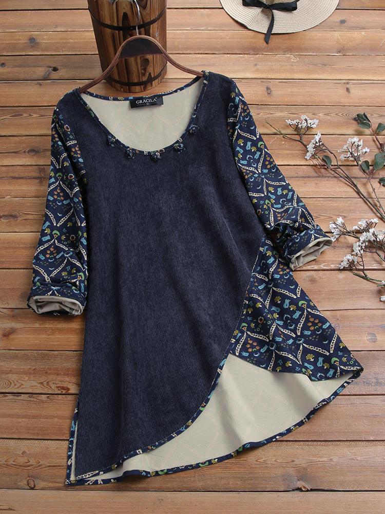 all in one place בגדי נשים Corduroy Frog Button Ethnic Print Patchwork Long Sleeve Irregular Hem Vintage Blouse