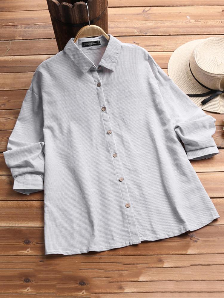 all in one place בגדי נשים Plus Size Casual Long Sleeve Lapel Stripe Blouse Shirts For Women