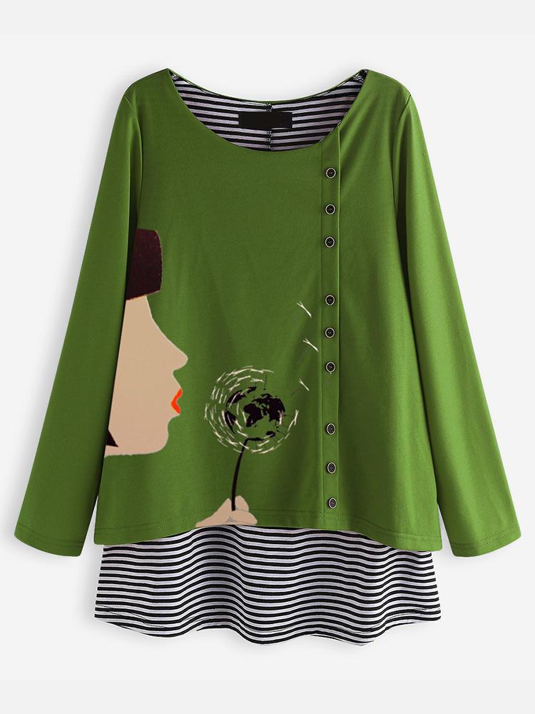 all in one place בגדי נשים Casual Cartoon Print O-neck Stripe Long Sleeve Blouse For Women