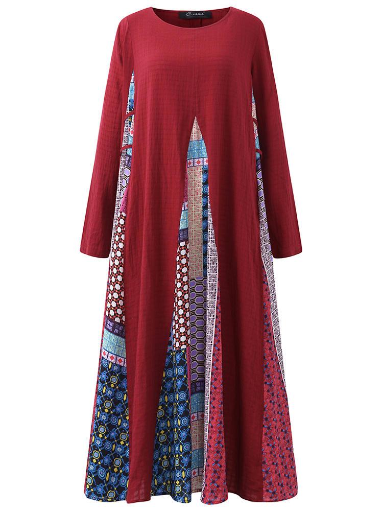 all in one place בגדי נשים Vintage Women Printed Stitching Long Sleeve Dress