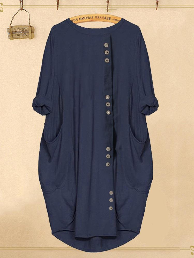 all in one place בגדי נשים Solid Color Button Irregular Casual Dress with Pockets