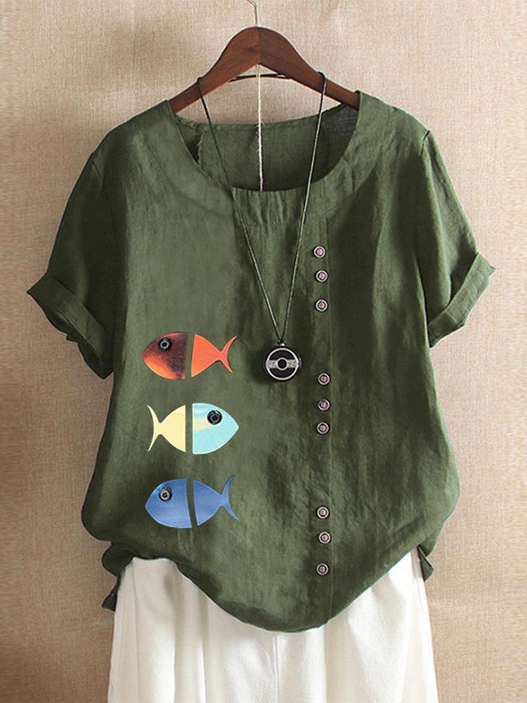 all in one place בגדי נשים Fish Print Short Sleeve Button Plus Size Summer T-shirts