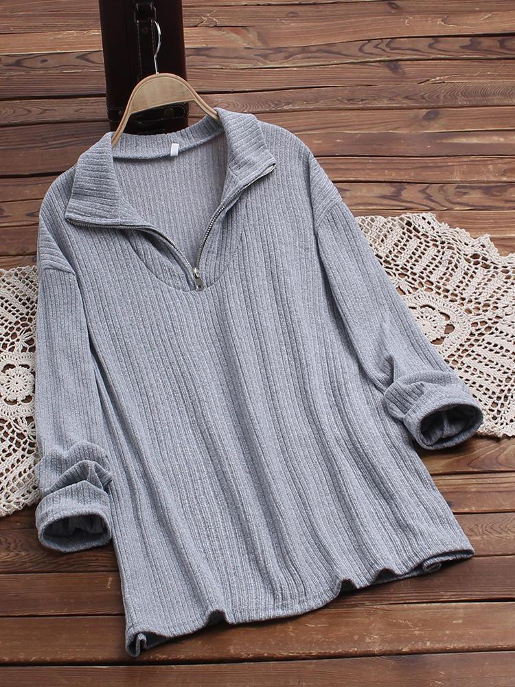 all in one place בגדי נשים Pure Color Lapel Long Sleeve Causal Knit Sweaters