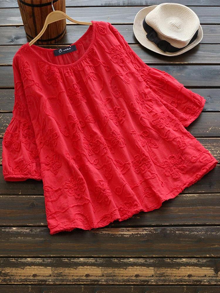 all in one place בגדי נשים Embroidery Bubble Sleeve Crew Neck Plus Size Blouse