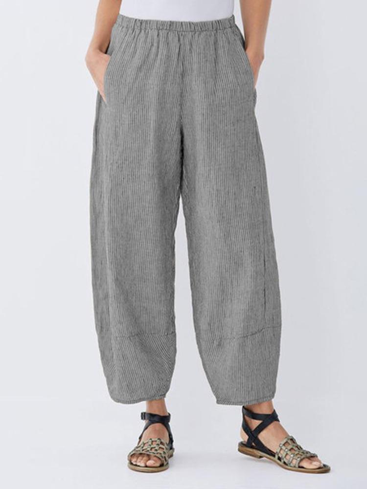 all in one place בגדי נשים Women Elastic Waist Stripe Cotton Baggy Pants with Pockets