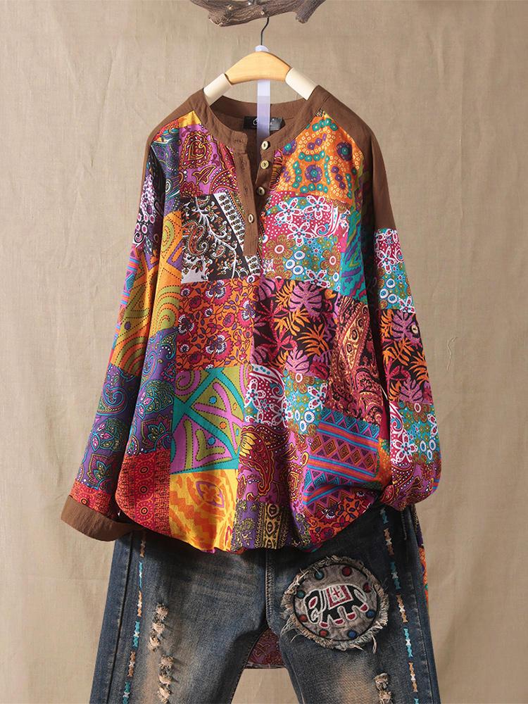 all in one place בגדי נשים Plus Size Ethnic Style Floral Print Patchwork Button Cotton Shirts