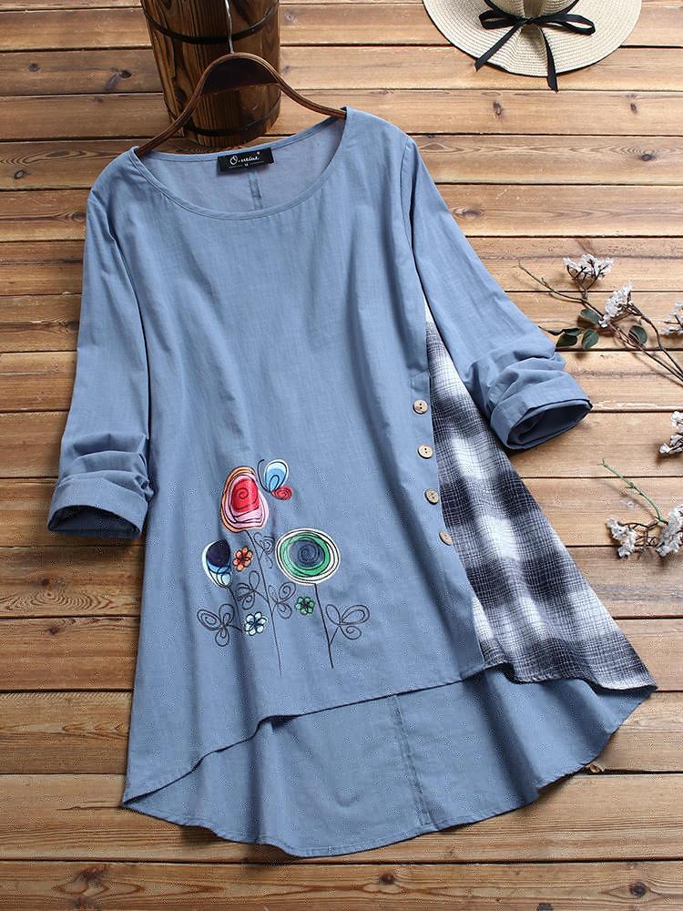 all in one place בגדי נשים Flowers Print Patchwork Asymmetrical Plus Size T-shirts